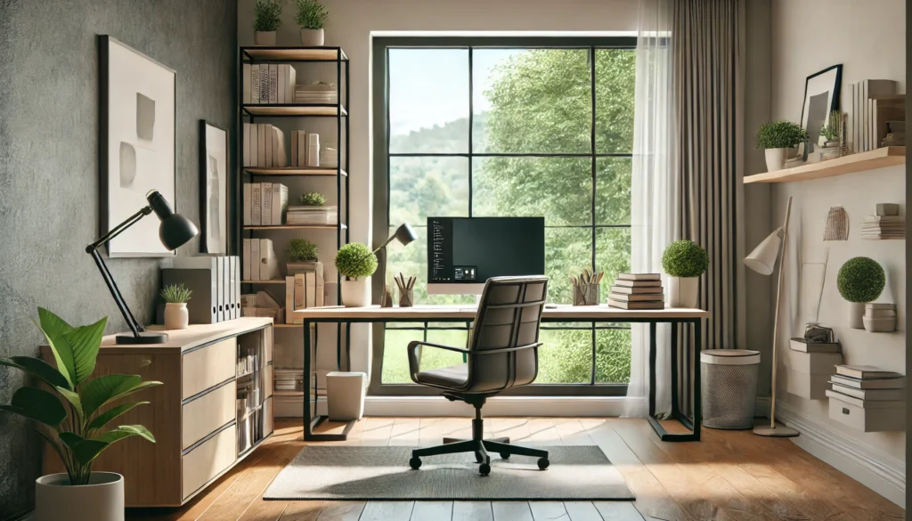 Organized home office with desk facing east